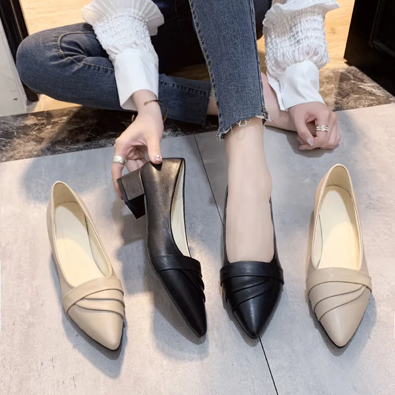 Women's Business Side Heel Single Shoe Tips Heel Small Leather Shoes Four Seasons Elegant Fashion High Heels Wrinkles HZ0115