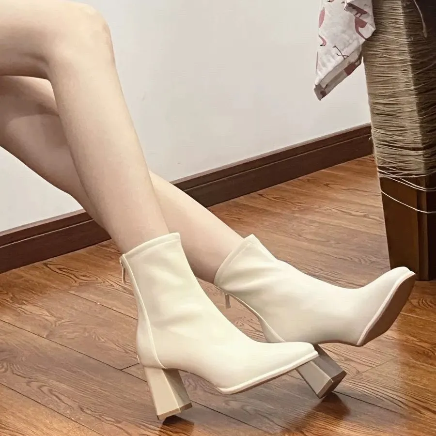 Korean Version Of The College Wind High And Short Boots 2025 Autumn And Winter New White Thin Boots French Head Thick And Martin Boots HZ0115