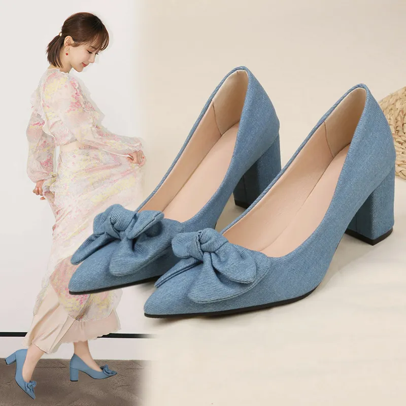 Denim High Heels Ladies Fashion Single Shoes Coarse Heel Small Fragrant Wind New Bow Large Size Shoes 35-42 HZ0115