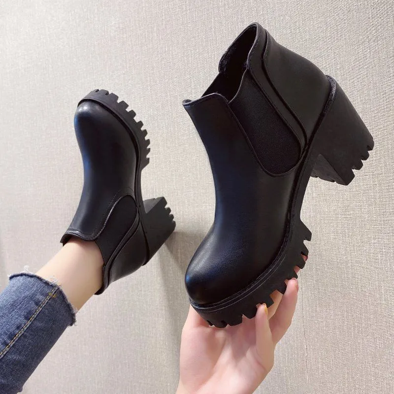 Spring And Autumn 2025 New Thick Heel Short Boots Women's Waterproof High Heel Shoes Thick Soles Of Single Boots British Martin Boots HZ0115