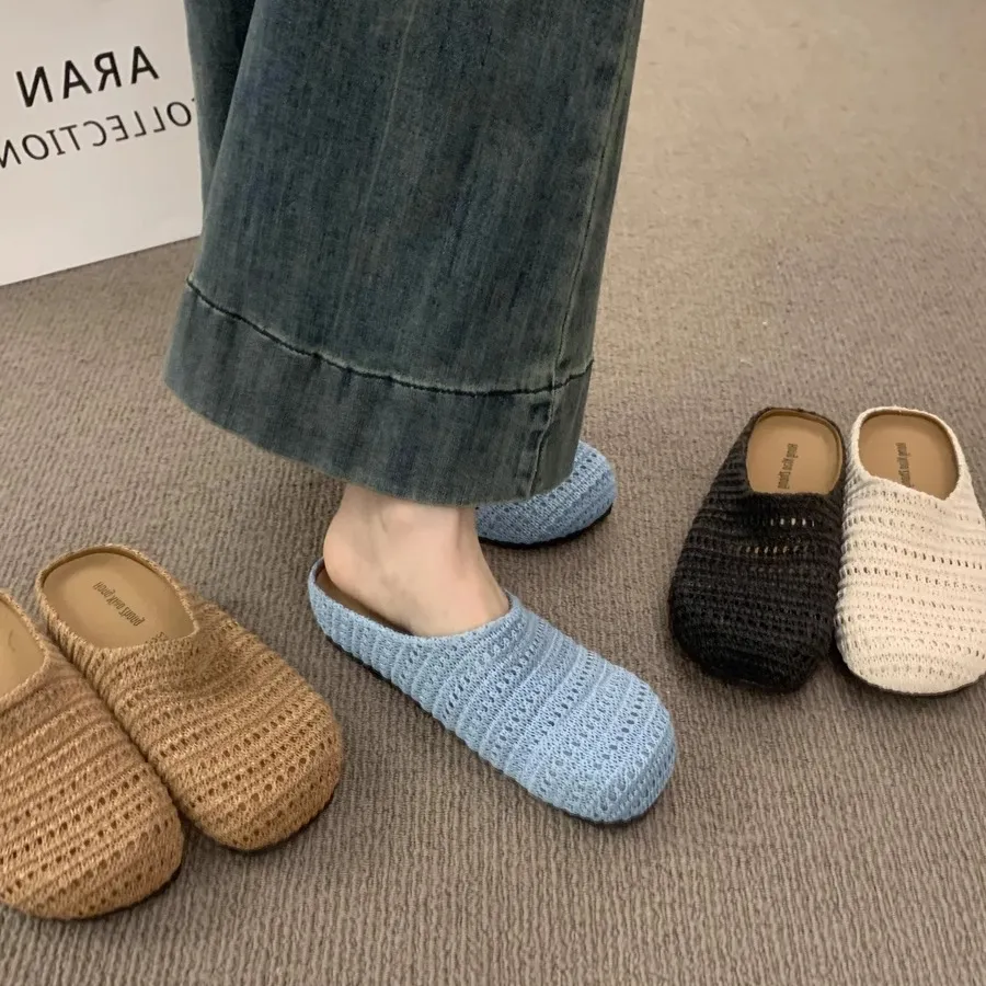 French Niche Hand-Woven Hollow Breathable Bag Half Slippers Women Wear Roman Wind Thick Bottom Muller Shoes HZ0115