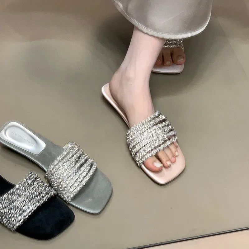Fashion One-Word Slippers Women Summer Outside Wearing Lazy Water Drill With Low-Heeled Toe Cool Drag High Sense HZ0115