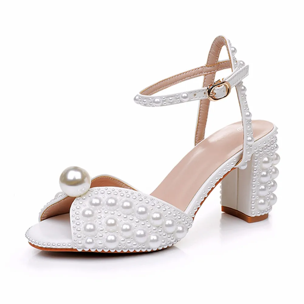 7 Cm Thick Heel Sandals Square Thick Heel Sandals White Wedding Dress Sandals Pearl Wedding Shoes Women HZ0115
