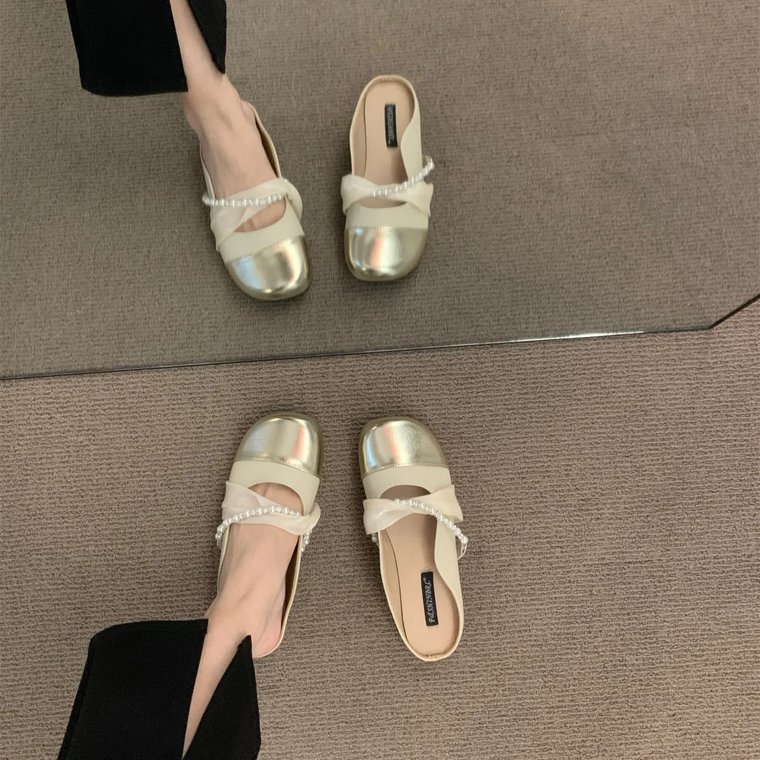 French Flat Bottom Small Fragrant Fenge Head Half Slippers Women's Shoes Wear 2025 New Summer Evening Wind Mary Jane Single Shoes HZ0115