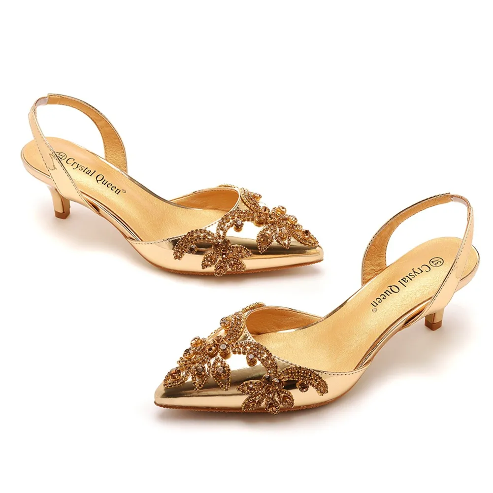 5 Cm Large-Size Fine-Heeled Pointed Sandals Behind The Cool Belt High Heels Water Drill High Heels Women's Golden Wedding Shoes HZ0115