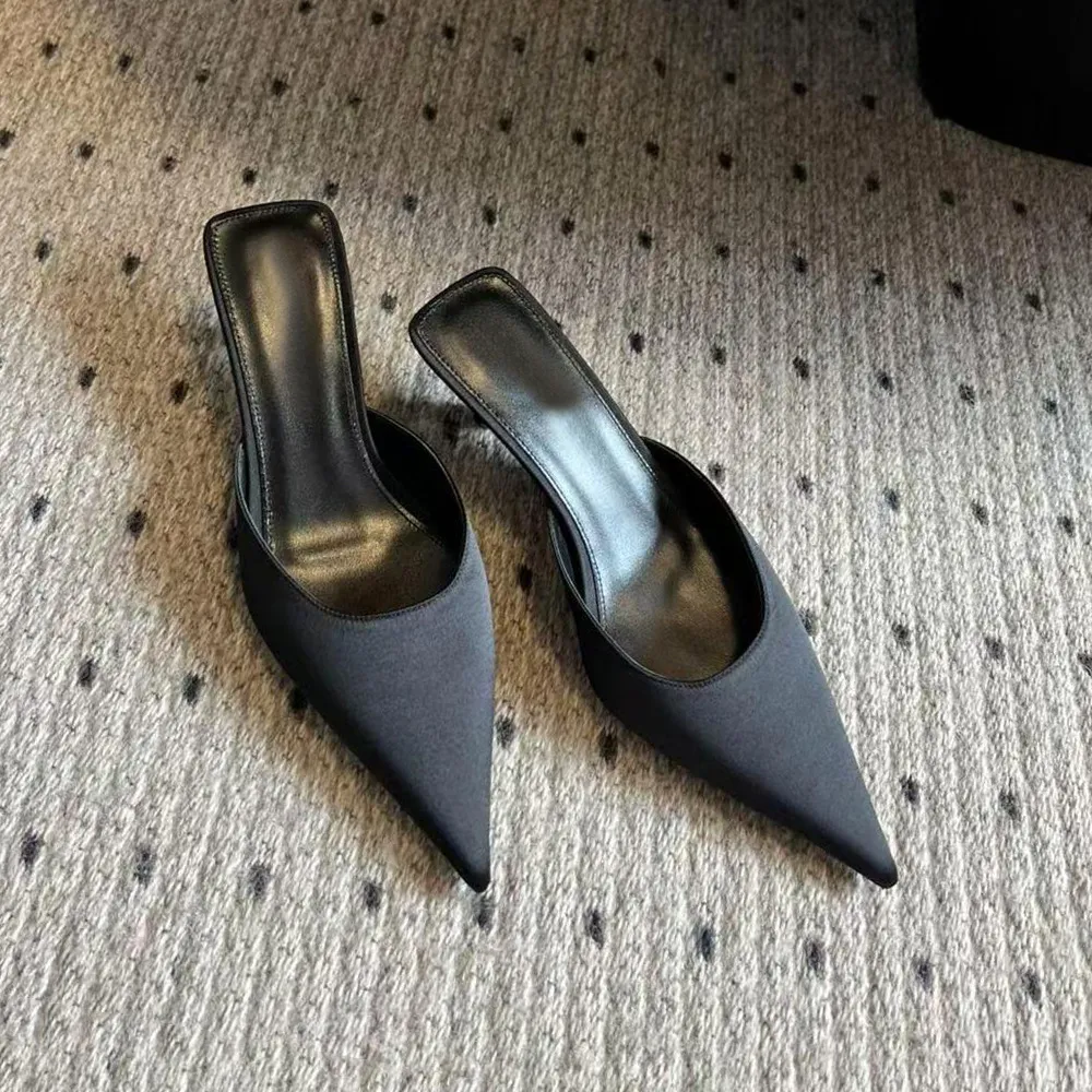 Yanglin With The Same Black Silk Satin High-Heeled Shoes Women's Sharp Head After The Empty Cool Slippers Half-Dragging Muller Shoes Small Single Shoes HZ0115