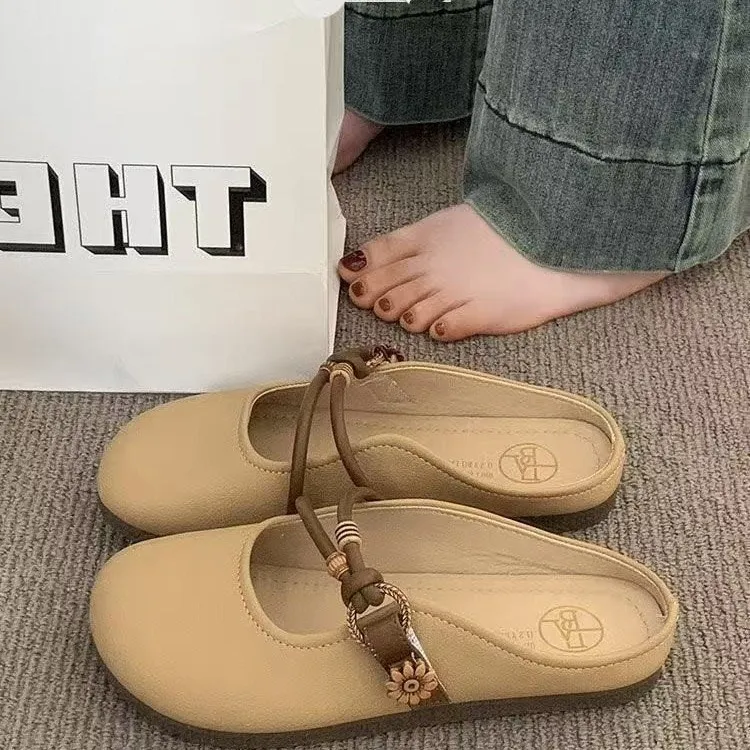 Slippers Women In The Spring Of 2025 New French Bag Head Flat Soles Pedal Semi-Trag Round Head Shallow Single Shoes Women HZ0115
