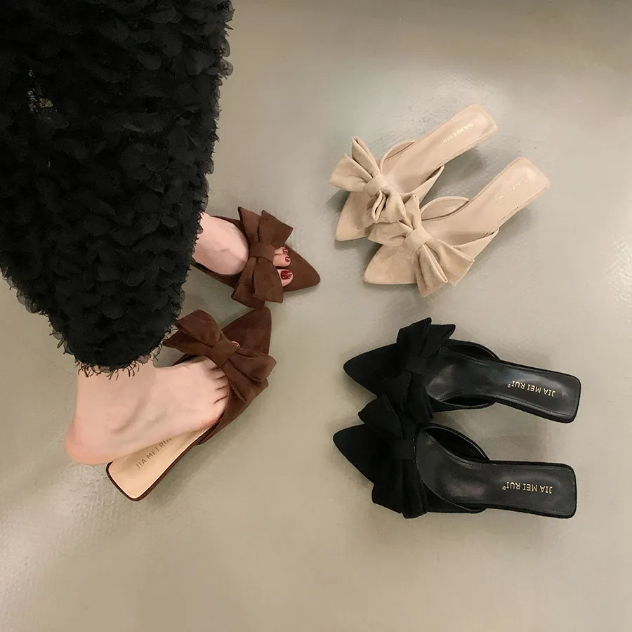 High-Heeled Fairy Wind Cool Slippers Women's Shoes Wear 2025 New Summer Bow Temperament Sandals HZ0115