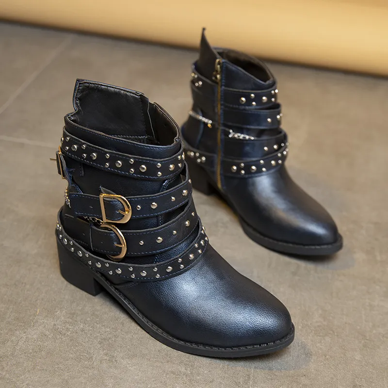 Ladies Leather Boots Autumn Winter Rough And Large Belt Short-Sleest Unispet Women HZ0115