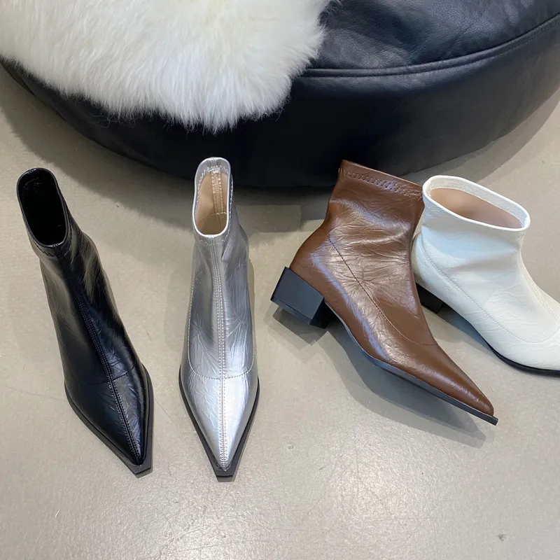 French Pointed Short Boots Women's Boots 2025 Autumn And Winter New Thick And Elastic Thin Boots Silver Thin Fashion Boots HZ0115