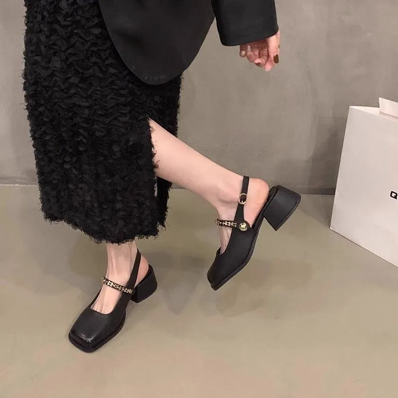 French Sense Of Color Square Mary Treasure Shoes Coarse Heel Head Sandals Retro Commuter Buckle Back Empty Women Singles Shoes HZ0115