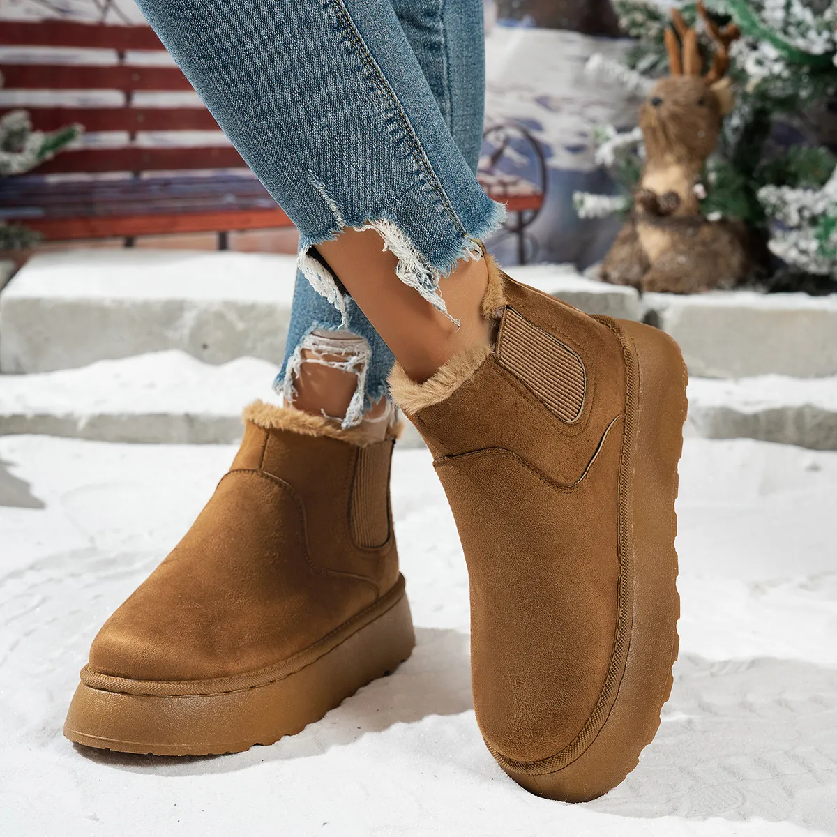 Add Velvet Round Head Jacket Cotton Boots 2025 Autumn And Winter New Large-Size Thick Snow Boots Women's Leisure HZ0115