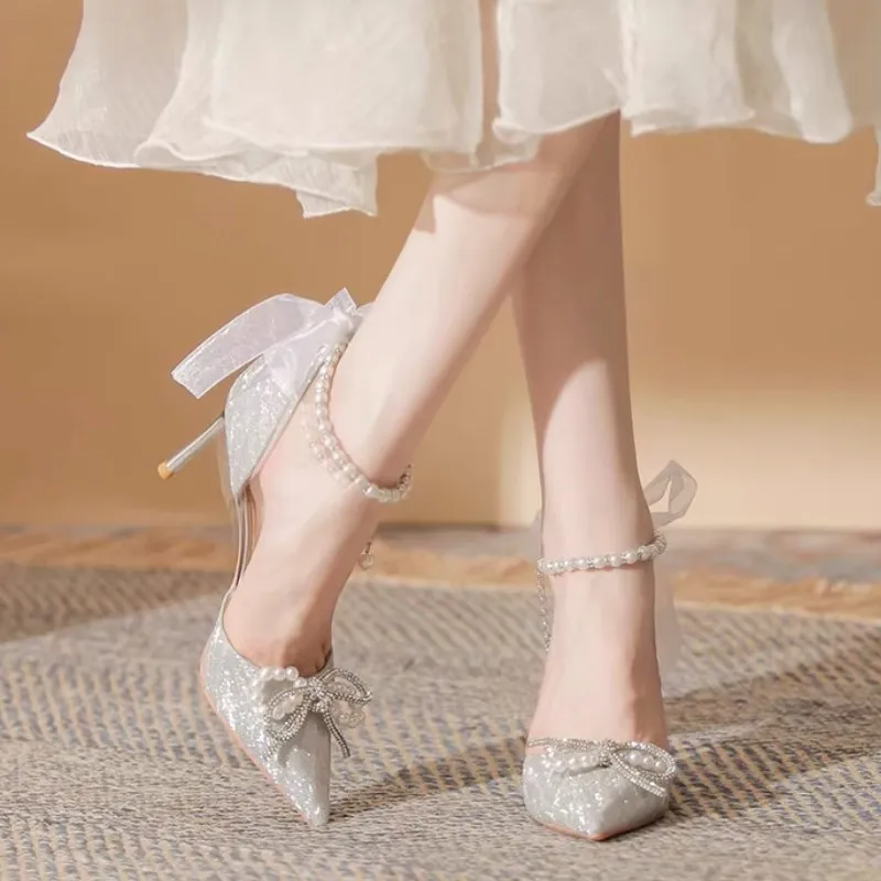 Silver High-Heeled Women 2025 Summer New Pearl Ribbon Ribbon Bow Tip-Shoe Sandals Women HZ0115