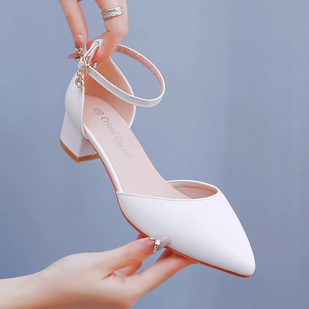 4 Cm Thick Heel Tip Small White Shoes Low Thick Heel In Hollow Sandals Spring Square Heel Women's Shoes White Bridal Shoes HZ0115
