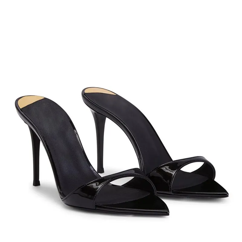 L-Of-O-Tip High-Heeled Shoes 2025 New Female Summer Fine Heel One-Word Drag Patent Leather Sexy Black Outer Wear Cold Slippers HZ0115