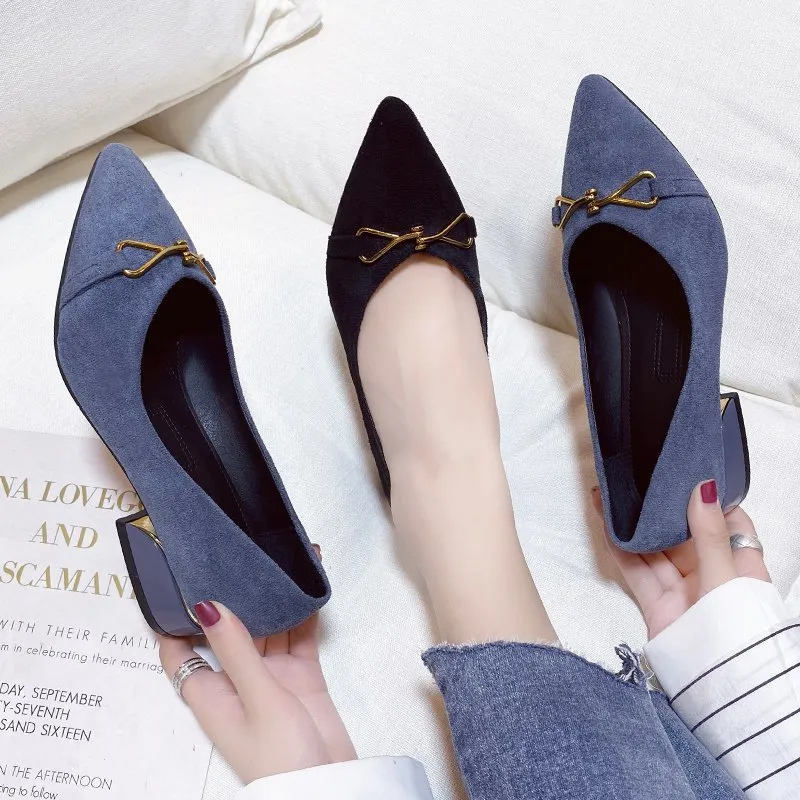 High Heels Women's Velvet Commuting Fashion Single-Shoe Square Heel French Heel Lady Single Shoes OL Shallow Working Women's Shoes HZ0115