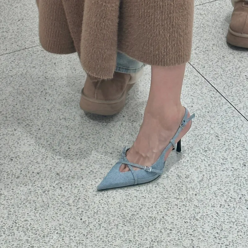Sharp-Headed Fine Heeled Cowboy High-Heeled Summer Temperament 2025 New One-Word Buckle With Bun Head Fashion Women's Sandals HZ0115