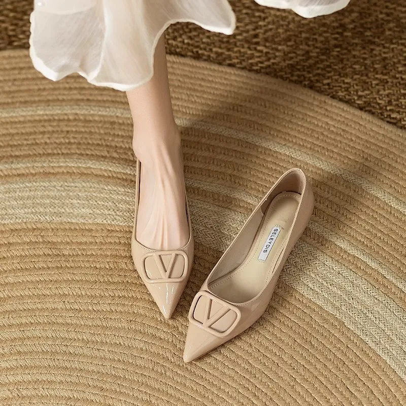 Nude Color Paint Leather Increased By 5 Cm Commuting Shallow Name Temperament Single Shoe Metal Temperament Paint Buckle Women's Shoes HZ0115