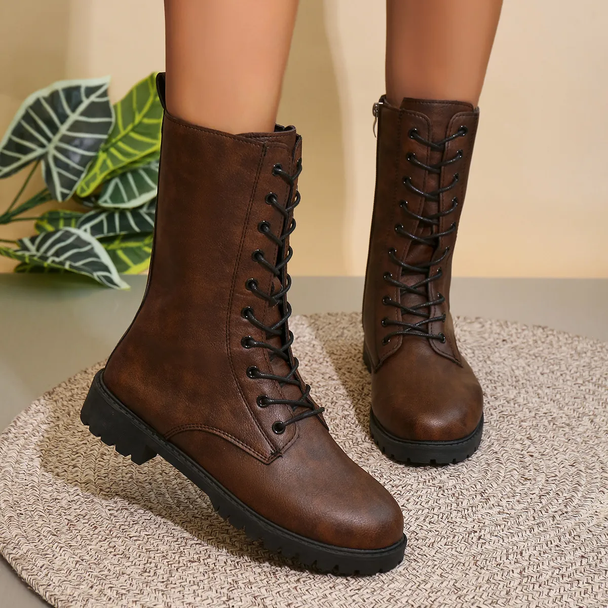 2025 Autumn New Large-Size Round Head Side Zipper Mid-Sleet English Wind Retro Skinny Boots Woman HZ0115
