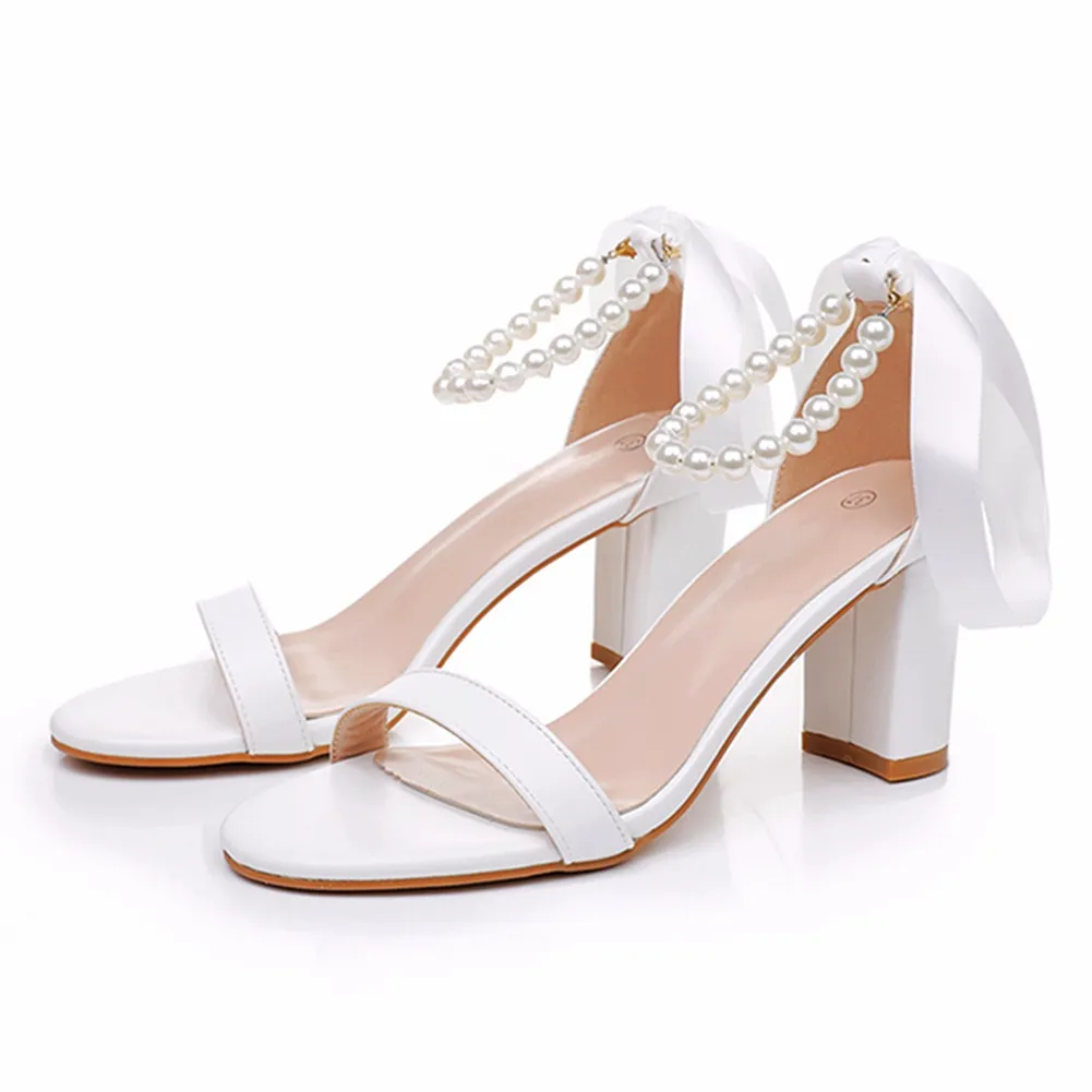 7 Cm Thick Heeled Light Mouth With Sandals Round Head Beads Tied With High Heel Sandals White Wedding Shoes Woman HZ0115
