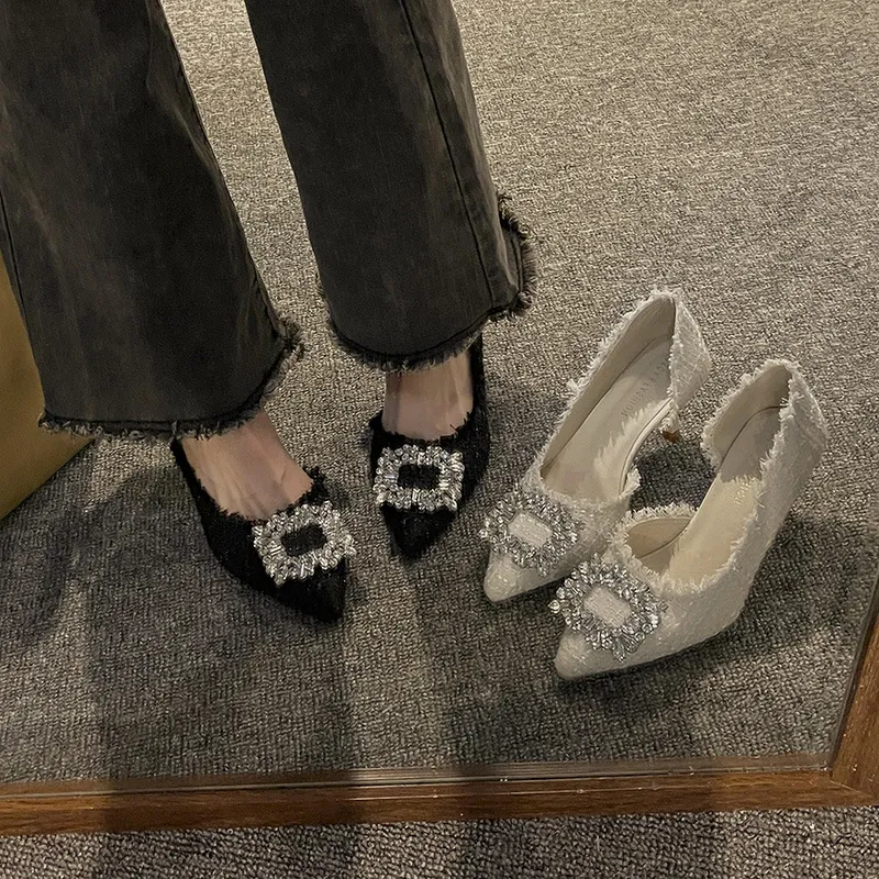 High-Heeled Women 2025 Summer New Small Design French Pointed Shoes With Small Fragrant Feng Shui Drilling Shoes HZ0115