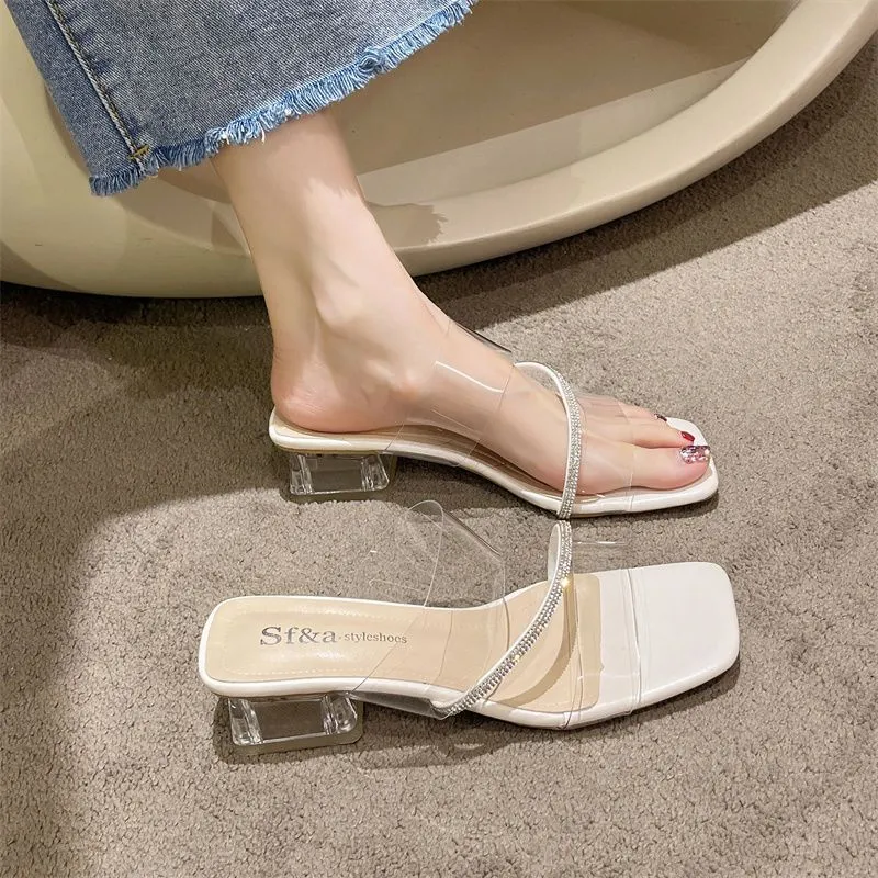 Cold Slippers Women Wear 2025 Summer New Water Drill Rough And High-Heeled Fairy Wind Anti-Slip Home Sandals Women HZ0115