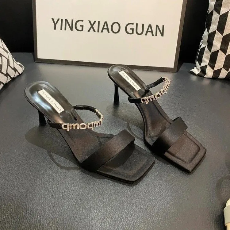In The Summer Of 2025, The New Fine Heel With A Sexy Water Drill Black Sandals Wear High-Heeled Buckle With Cold Slippers HZ0115