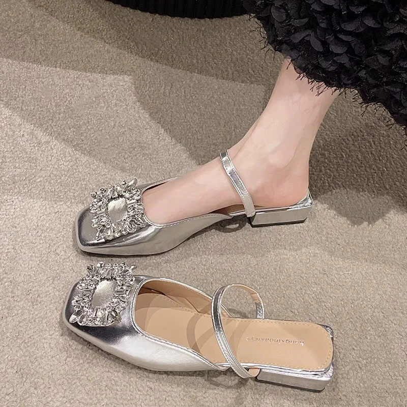 High-Heeled Women 2025 Summer New Square Head Low With Slipper Flip-Flops With Slipper Buckle Drill Head Cold Slippers Woman HZ0115