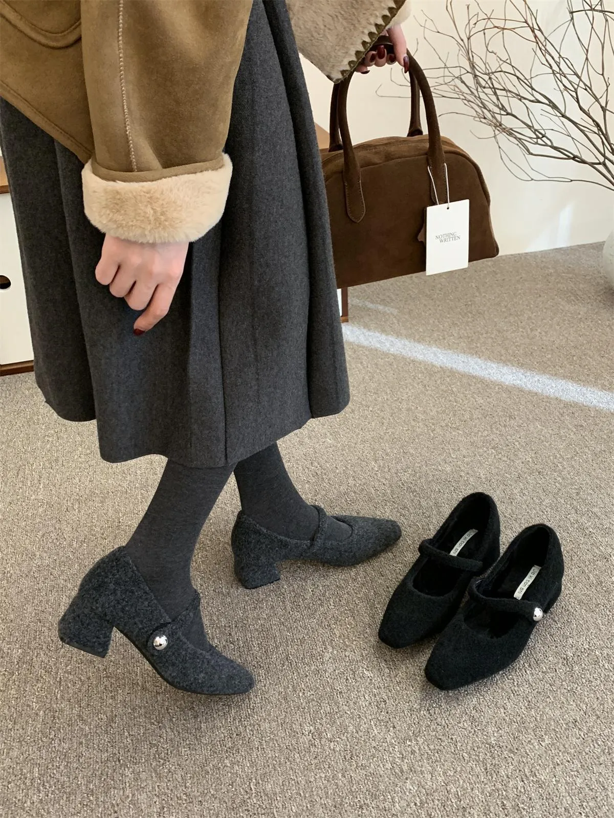 Square Head Plus Velvet Lefang Shoes Gray Mary Jane Woman With French Temperament Winter Model HZ0115
