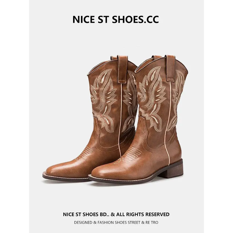 He Sui Coarse And The Western Cowboy Boots V Mouth Embroidered Sleeve Rider Boots Retro Mid-Head Boots HZ0115