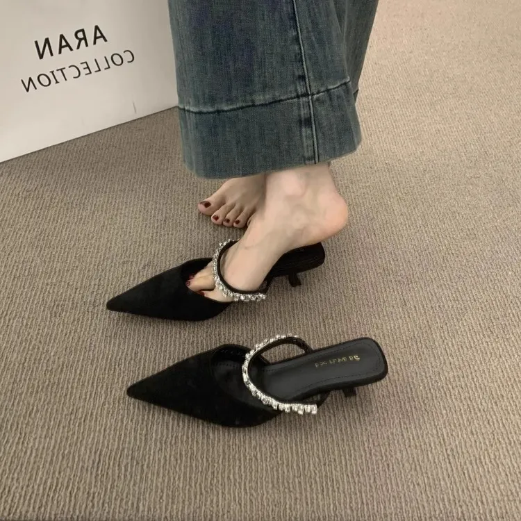French High-End Water Drill With A Front Half Slippers Women Wear 2025 New Pointed High And Muller Shoes HZ0115