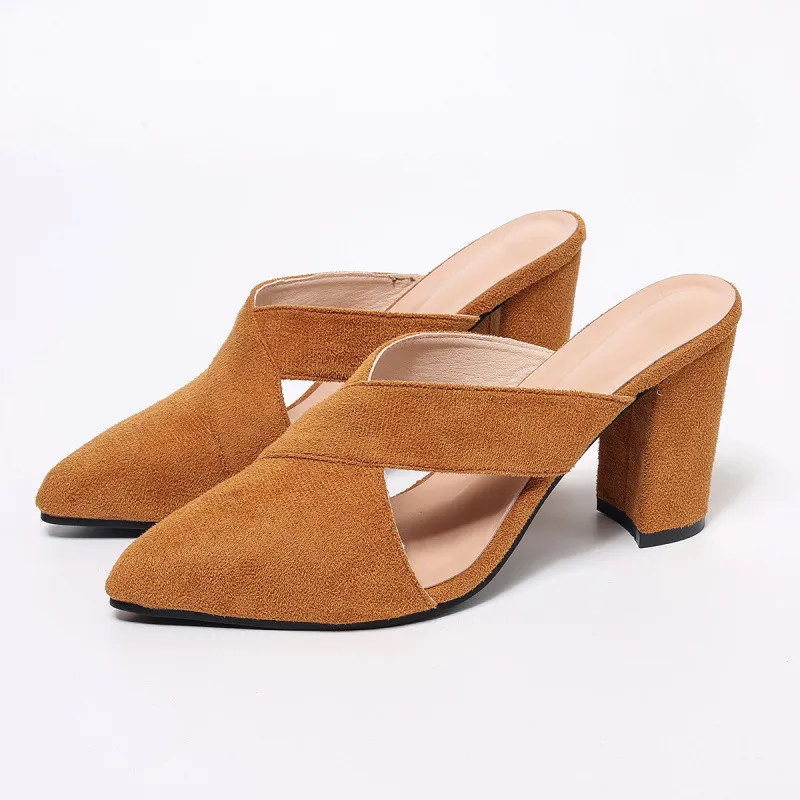 Baotou Back Empty Sandals Coarse Women's Shoes 8Cm Pointed Deep Mouth Side Velvet Half-Dragging Fashion Pointed High Heels Women HZ0115