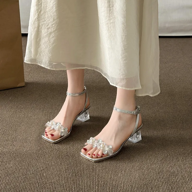 Silver Sandals Women 2025 Summer New French Crystal Rough Head Diamond With Beautiful High Heels HZ0115