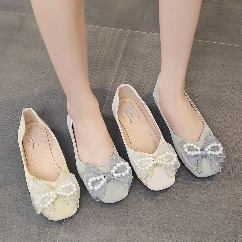 2025 New Evening Wind Wind Bow Bean Bean Shoes Women's Fashion Single Shoes Flat Sole Soft Sole Grandmother Shoes Pedal HZ0115