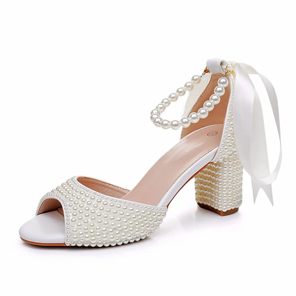 7 Cm Pearl Fish Mouth Coarse Sandals Shallow Buckle With Large-Size Beads Drifting Sandals Bride Beaded Wedding Shoes Woman HZ0115