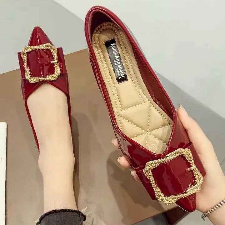 Flat Shoes Children's New Spring 2025 Sharp-Pointed Light-Mouthed Single-Shoe Red Wedding Shoes Mother Soft-Soled Bean Shoes HZ0115