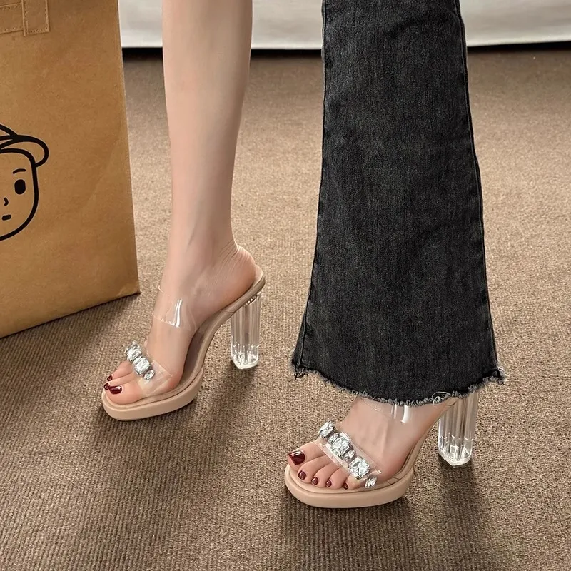 High-Heeled Women Wear 2025 Summer New French Thick Heel Water Drill Transparent Crystal Sandals Women Slippers Women Shoes HZ0115