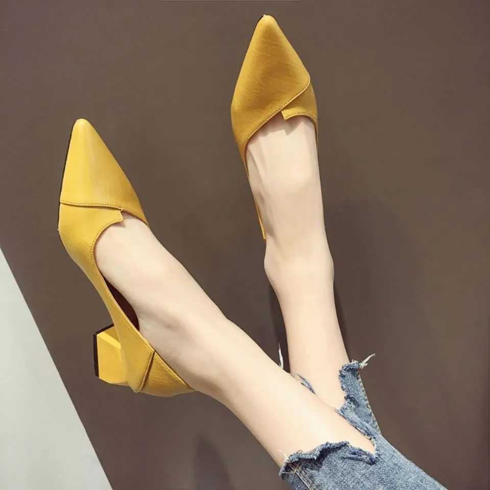 Summer New Pointed Thick Heel High Heels Women 2025 French Solid Color Bist Increase Single Shoes Small Female Shoes HZ0115