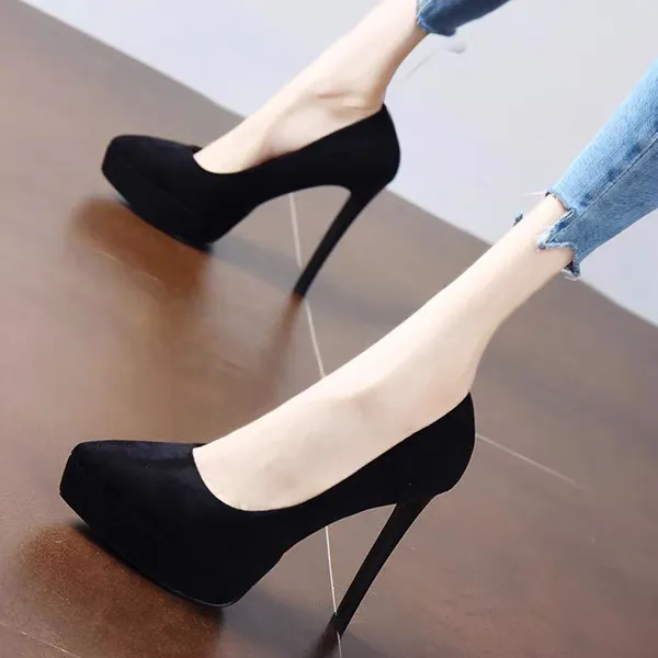 Station Red Bottom Black High Heels Female Fine Heel Sexy Temperament Waterproof Table Ultra-High Single Shoe Thick Sole 12Cm Cm HZ0115