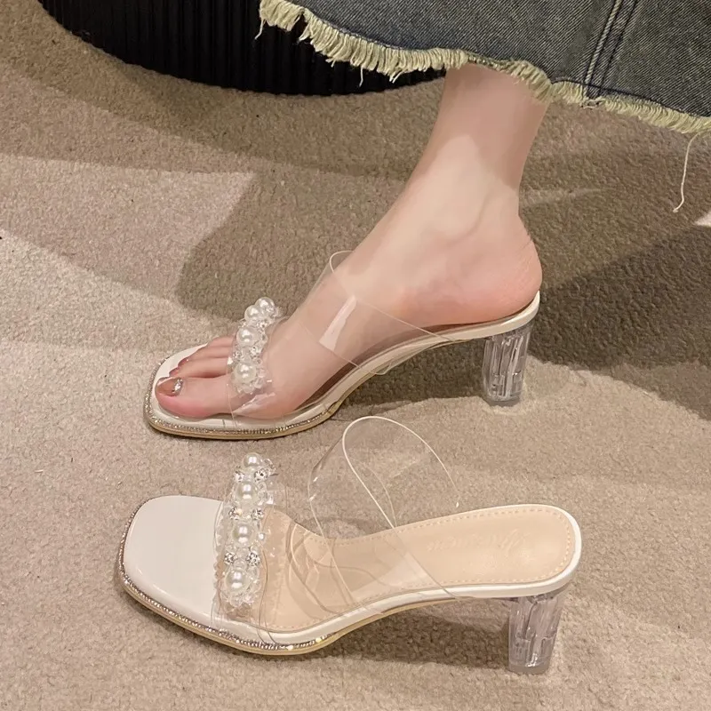 High-Heeled Women In The Summer Of 2025 New Transparent And Fashion Sandals Coarse Heel Through The Water-Drilling Slippers HZ0115