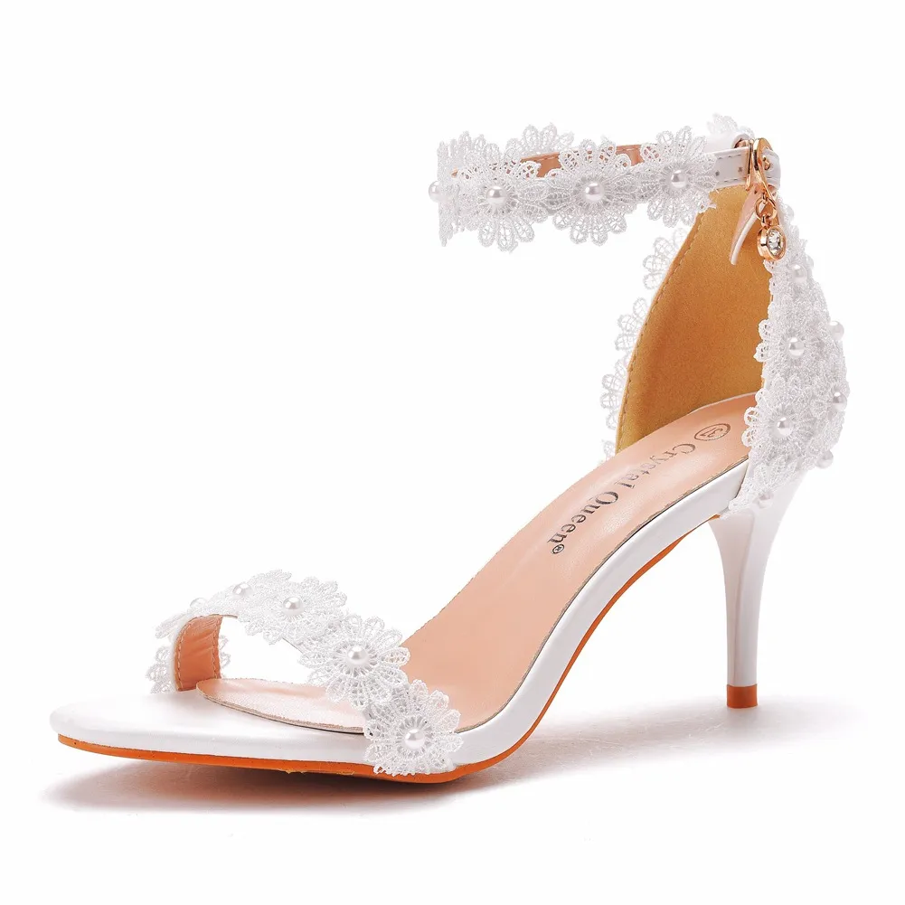 7 Cm Temperament With Light Mouth Fine Sandals White Lace Wedding Shoes Fine Heel Beads Small Size Summer Sandals HZ0115