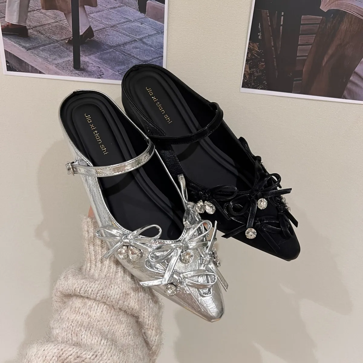 Internal Height 3CM French Bow Bag Head Half Slippers Women's Shoes Wear 2025 Spring And Summer Silver Water Drill Single Shoes HZ0115