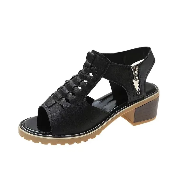 2025 Summer New Women's Shoes Korean Version Of Coarse Sandals Side Zipper Leisure Slope And Solid Color Coarse Large-Size Sandals Women HZ0115