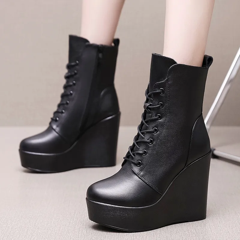 Round Head 12Cm High Slope And Waterproof Table Mid-Sleevel Boots With Side Zipper Women's Boots Pine Cake Plus Velvet Winter Warm Leather Boots HZ0115