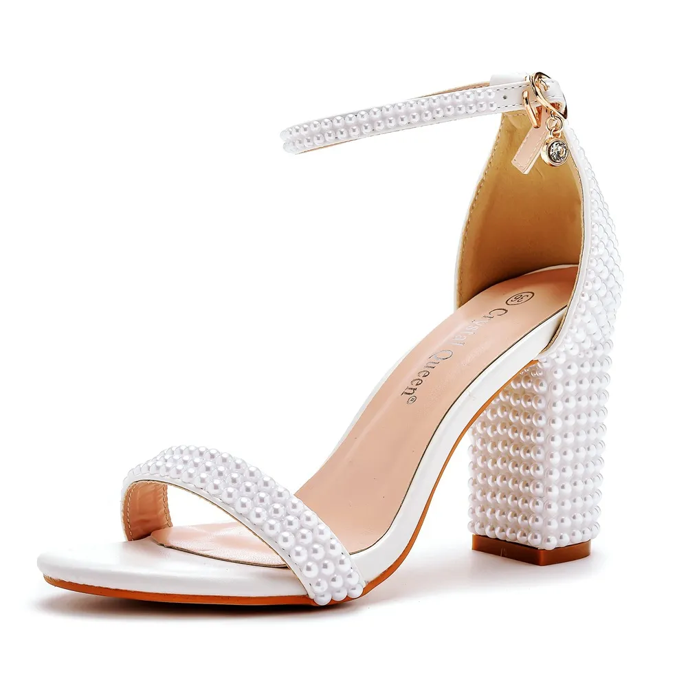 9 Cm Thick Heeled Light Mouth With Sandals Round Head Square Thick Sandals White Pearl Sandals Wedding Shoes HZ0115
