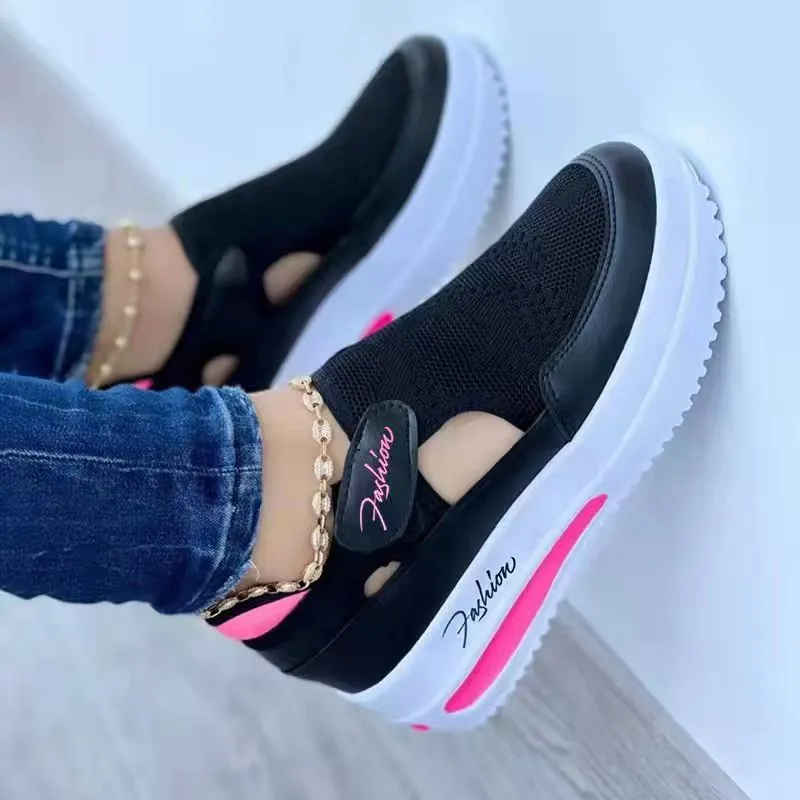 2025 New Large-Size Casual Single-Shoe Women Fly Weave Slope And Magic Sticker Mesh Shoes HZ0115
