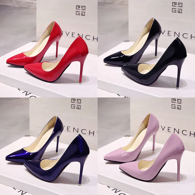 Painted Leather Code Black Blue Pointed Red Big Shoes Single Shoes Women's High Heels High Heels Wedding Work Nude HZ0115