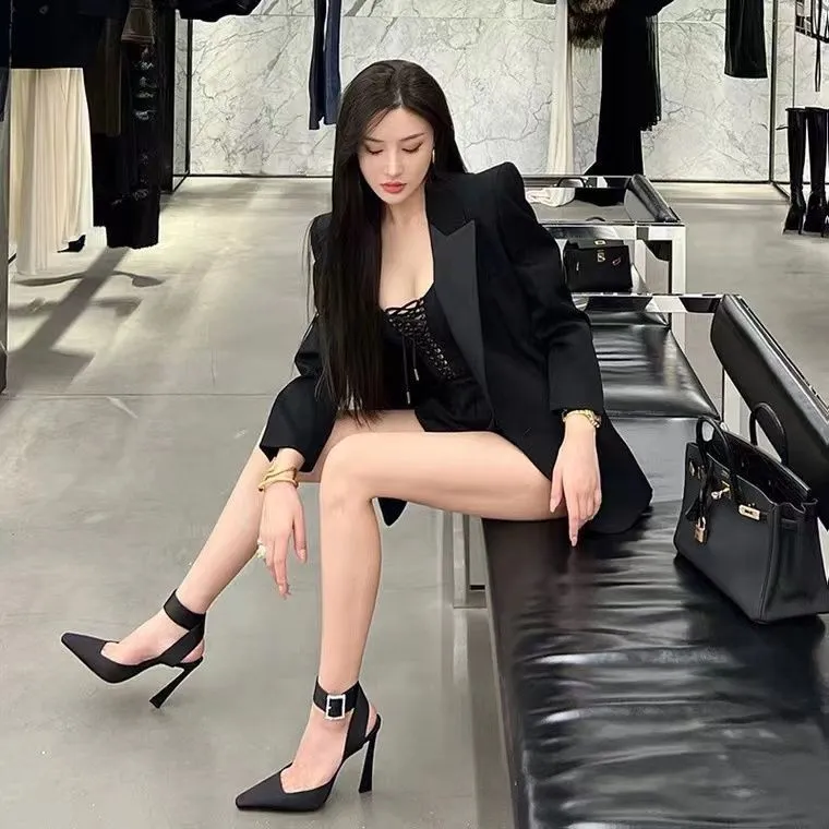 High-Heeled Women's 2025 Show Bao Head One-Word Water Drill Buckle Women's Shoes Fine Heel Black Silk Satin Giant Beauty Single Shoes HZ0115