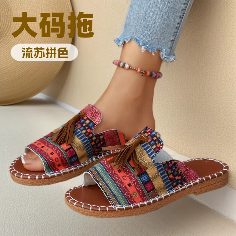 Large-Size Flat-Bottomed Slippers Women's 2025 Summer New Wear Thai Thai Sand Beach Cool Slippers Women's Shoes HZ0115