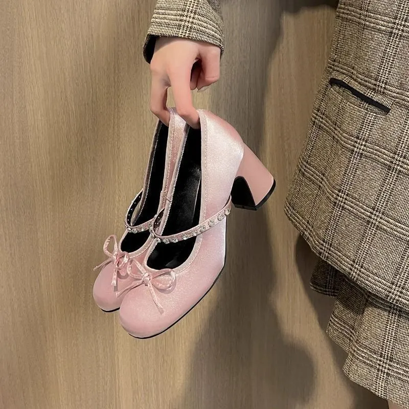 Round Head Bow Design Water Drill With High Heel Mary Shoes Spring And Autumn New French Fairy Single Shoes HZ0115